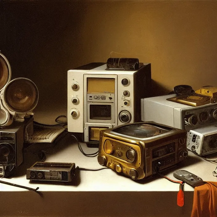Prompt: still life painting of a retro electronics by pieter claesz, oil on canvas, strong lighting, highly detailed, hyper realism, golden hour, god rays, hd, 4 k