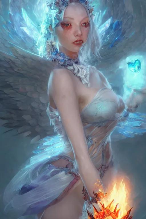 Prompt: half body closeup of extremely beautiful girl necromancer, magical fairy flowers and ice, angels, 3 d render, hyper - realistic detailed portrait, holding fire and electricity rainbow, ruan jia, wlop. scifi, fantasy, magic the gathering, hyper detailed, octane render, concept art, peter mohrbacher