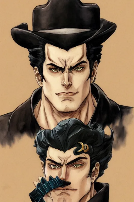 Prompt: Portrait of Jotaro Kujo in the style of JoJo's Bizarre Adventure by Hirohiko Araki, rugged beard, long dark hair, beautiful bone structure, intricate, elegant, realistic face, highly detailed, digital painting, artstation, concept art, smooth, sharp focus, manga illustration, art by artgerm and greg rutkowski and alphonse mucha