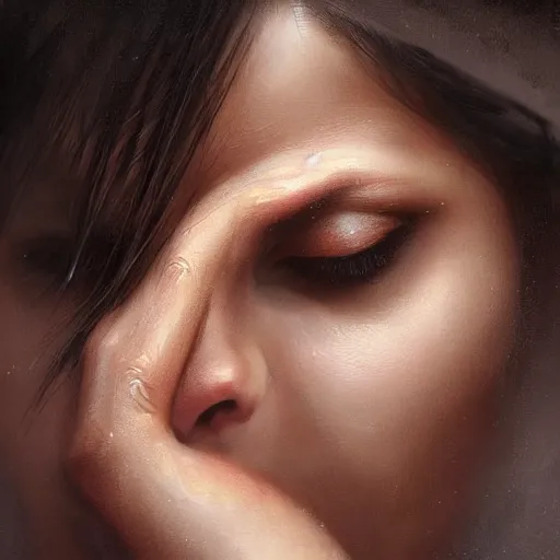 Image similar to Stunning portrait of Beautiful Hispanic tiny nose womans face with her hands covering her eyes. Soft render, Greg Rutkowski details, Tears pouring down from her eyes, music album cover, artstation, pixivi