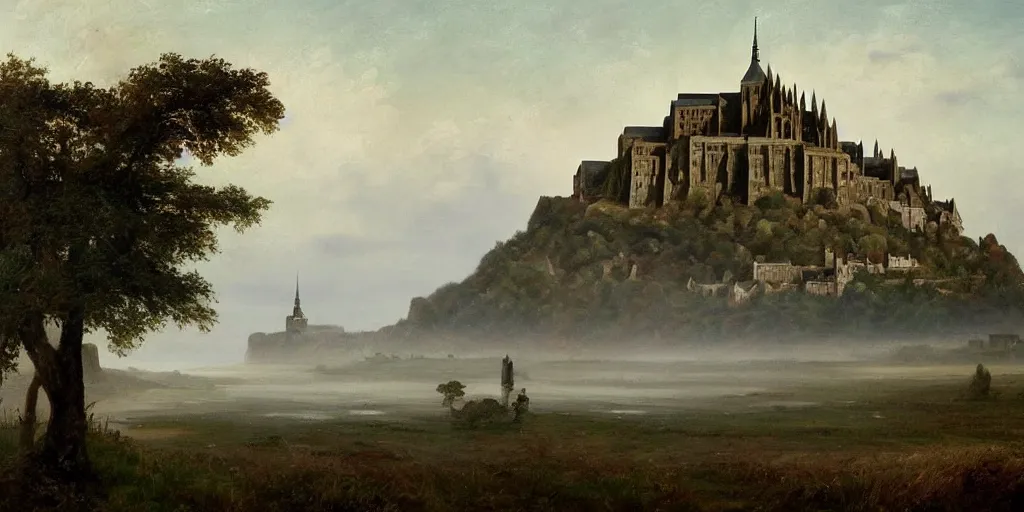 Prompt: masterpiece oil painting portraying mont saint michel in the style of romanticism landscape painters with a tree on the foreground,beautiful,misty,evocative