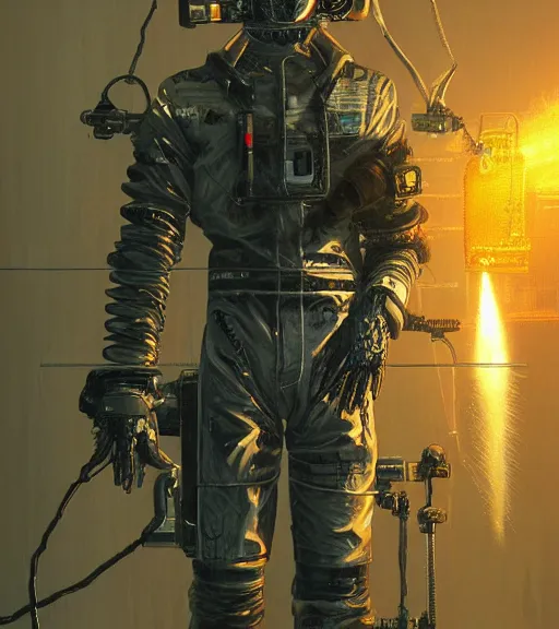 Prompt: realistic cyberpunk japanese engineer with long limbs and a black spacesuit welding, techwear, dead space, visible face, Industrial Scifi, detailed illustration, character portrait, by Martin Grip and Moebius