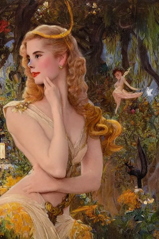 Prompt: A young Grace Kelly explaining the birds and the bees in the style of Gaston Bussière, art nouveau, art deco. Extremely lush detail. Night scene. Perfect composition and lighting. Award-winning mixed media photograph f1.8. Surreal architecture from the future. A shaft of moonlight illuminates her.