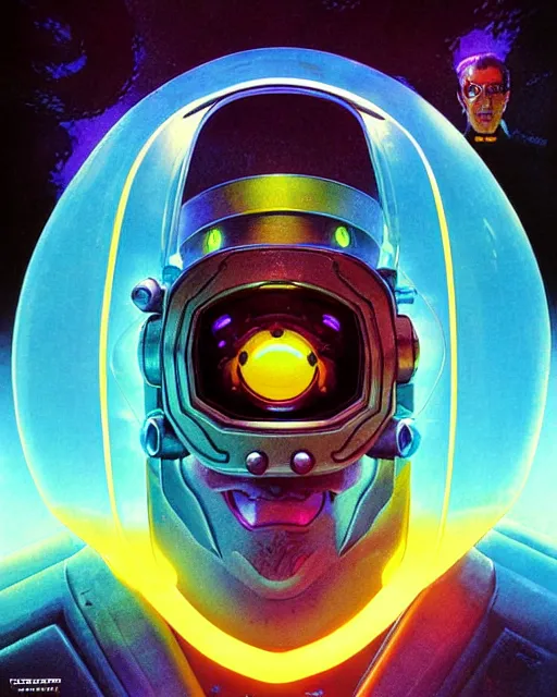 Prompt: monster overwatch, see through glass hologram mask, character portrait, portrait, close up, concept art, intricate details, highly detailed, vintage sci - fi poster, retro future, vintage sci - fi art, in the style of chris foss, rodger dean, moebius, michael whelan, and gustave dore