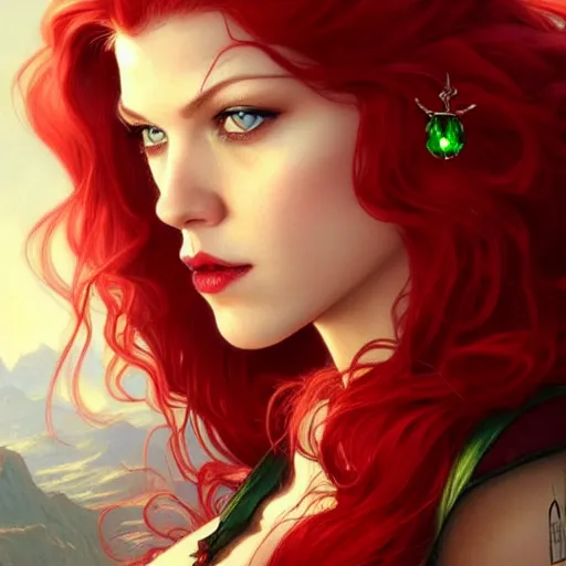 Image similar to beautiful Katheryn Winnick with red hair and a green gem on her forehead and dark red lips, closeup, D&D, fantasy, elegant, highly detailed, digital painting, artstation, concept art, matte, sharp focus, illustration, art by Artgerm and Greg Rutkowski and Alphonse Mucha