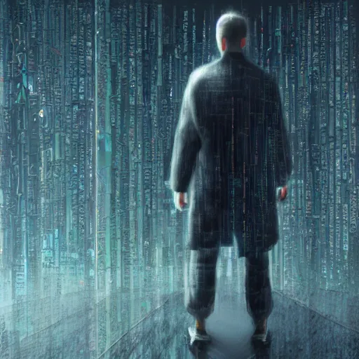 Prompt: a man walking into the matrix, concept art, illustration, highly detailed, artwork