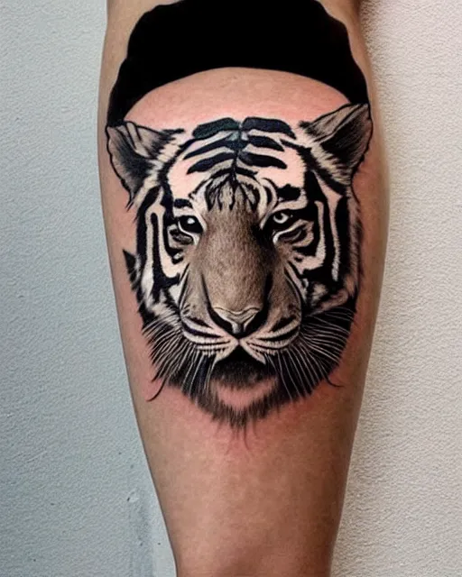 Prompt: a beautiful girl wearing a hat that looks like a tiger head, tattoo design, hyper realistic, hyper detailed, by eliot kohek