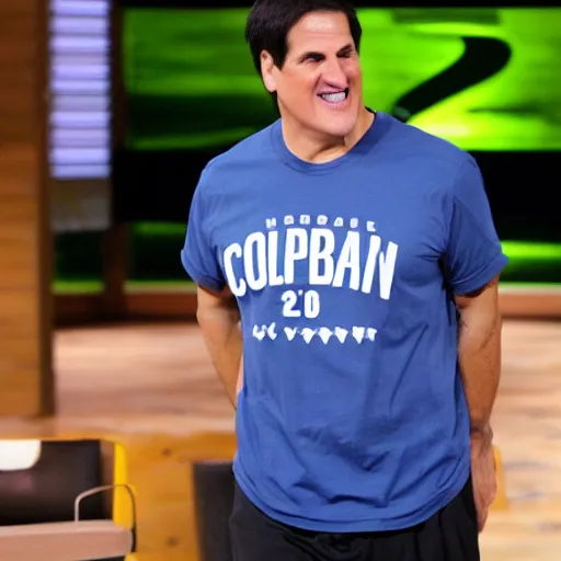 Prompt: Mark Cuban with a basketball shirt, investing in a company, in Shark Tank (2016)