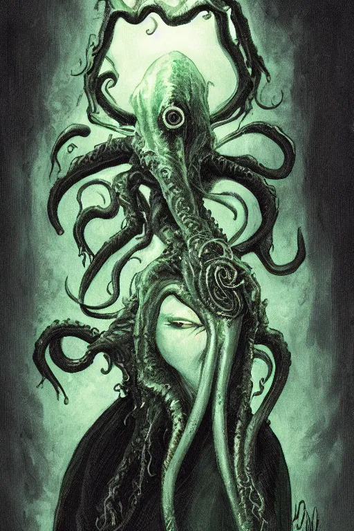 Image similar to cthulhu priestess looking into a mirror