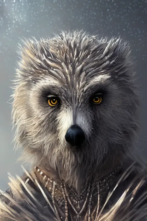 Prompt: a beautiful closeup shot from a fantasy film of a humanoid grey owlbear wearing a loose tunic. an anthropomorphic owlbear. fantasy, frown, intricate, elegant, highly detailed, digital painting, artstation, concept art, matte, sharp focus, illustration, art by artgerm and greg rutkowski and alphonse mucha