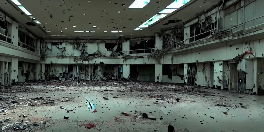 Prompt: abandoned replicant factory in a mall, damaged camcorder video