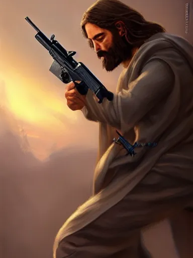 Image similar to jesus christ firing with an ak - 4 7. intricate, elegant, highly detailed, digital painting, artstation, concept art, sharp focus, illustration, by justin gerard and artgerm, 8 k