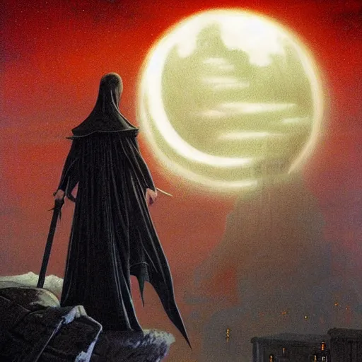 Prompt: Huge, looming silhouette of a sharp scythe above a gothic moonlit city, endless darkness surrounding, haunting, art by Gerald Brom