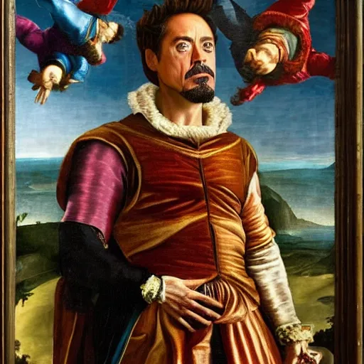 Image similar to robert downey jr, renaissance painting, highly detailed, colorful