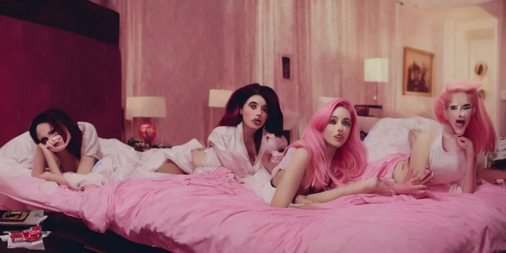 Prompt: donald trump on a bed next to belle delphine e - girl with pink hair, canon 5 0 mm, cinematic lighting, photography, retro, film, kodachrome