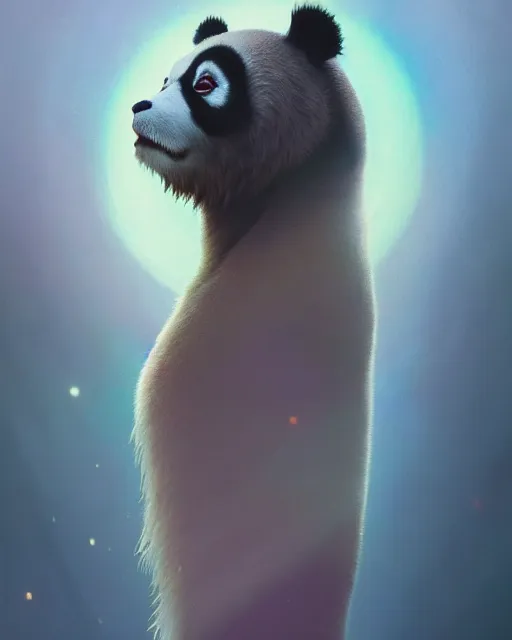 Image similar to highly detailed surreal vfx portrait of a sacred panda, stephen bliss, unreal engine, greg rutkowski, loish, rhads, beeple, makoto shinkai and lois van baarle, ilya kuvshinov, rossdraws, tom bagshaw, alphonse mucha, global illumination, detailed and intricate environment