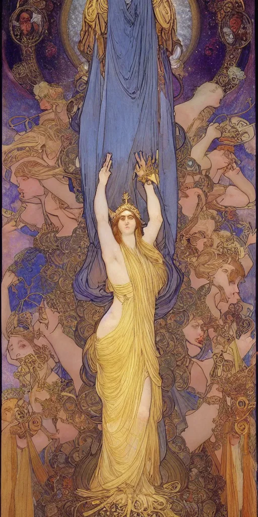 Image similar to saint woman, venus, athena, queen, by alphons mucha and annie swynnerton and nicholas roerich and jean delville, strong dramatic cinematic lighting, ornate headdress, flowing robes, spines, flowers, stars, lost civilizations, smooth, sharp focus, extremely detailed, blue marble, obsidian, gold, space