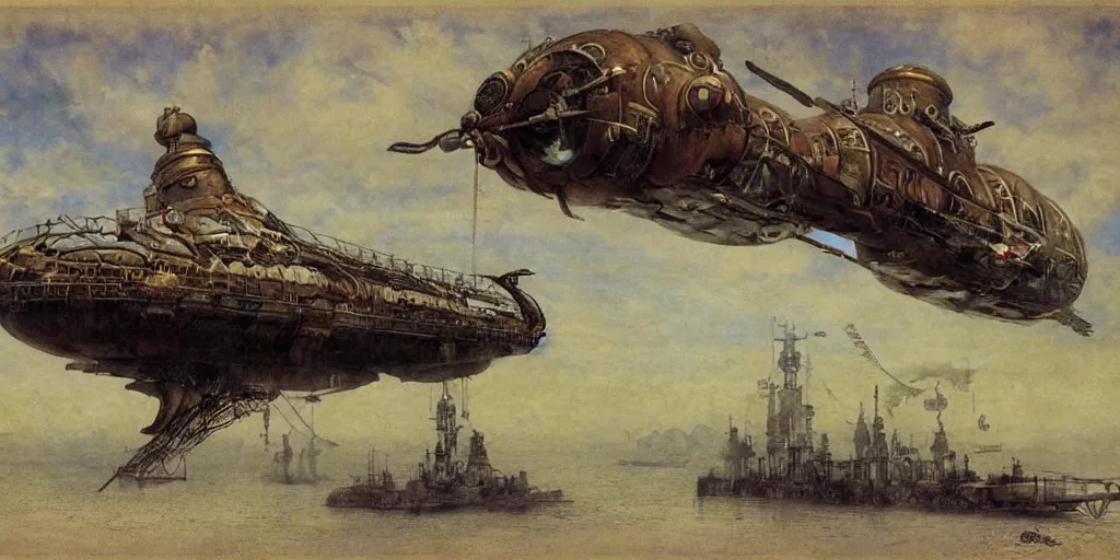 Image similar to a giant floating steampunk airship, by Mikhail Vrubel, trending on artstation