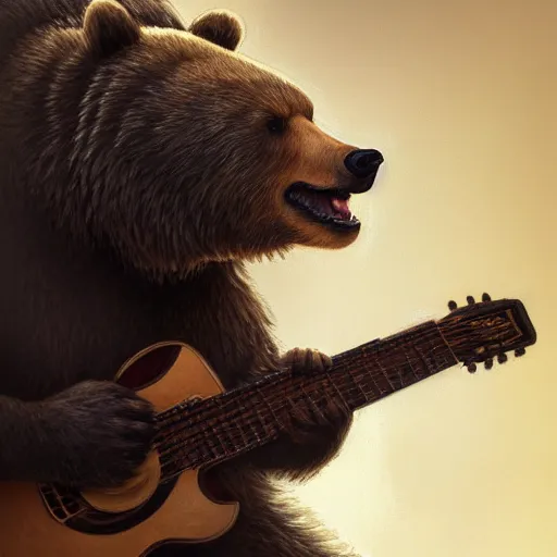 Prompt: realistic bear holding a wooden triangle combined with guitar neck, realistic portrait, symmetrical, highly detailed, digital painting, artstation, concept art, smooth, sharp focus, illustration, cinematic lighting, art by artgerm and greg rutkowski and alphonse mucha