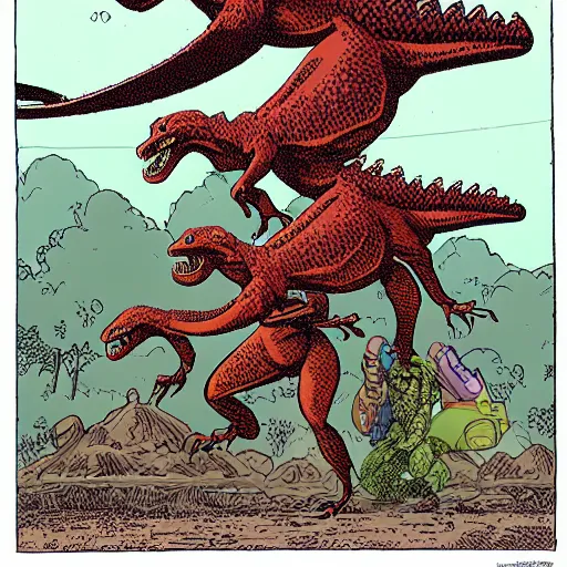 Prompt: a two-headed velociraptor biting a man in half, style of Geof Darrow