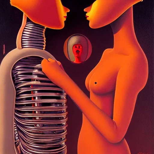 Image similar to portrait of an two half human half robots kissing each other wearing astro helmet with tight black latex dress tight suit, Edward Hopper and James Gilleard, Zdzislaw Beksinski, Mark Ryden, Wolfgang Lettl highly detailed