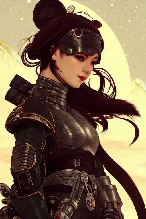 Image similar to portrait ninja gaiden girl, armored dieselpunk wardrobe, at snowy fuji mountain moonlight, fantasy, intricate and very beautiful and elegant, highly detailed, digital painting, artstation, concept art, smooth and sharp focus, cg by tian zi and wlop and alphonse mucha