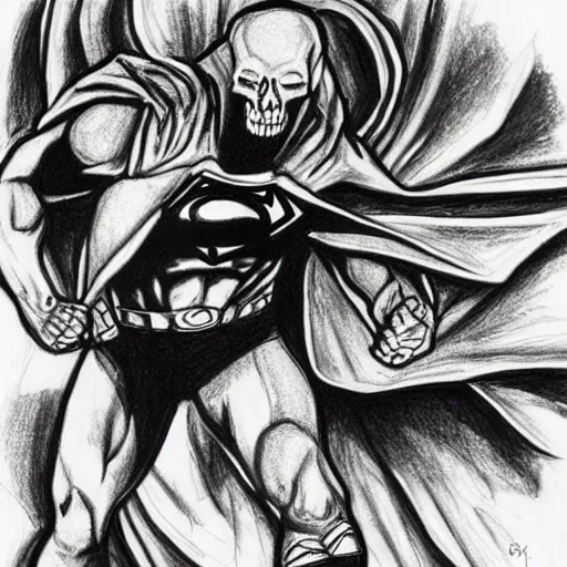 Image similar to black pen sketch of a superman zombie skull, the desert is in color pencil, elephant skull, pencil, intermediate art, paper art, pencil, bold lines, humans with apocalypse clothes on in the background, by a oil painter