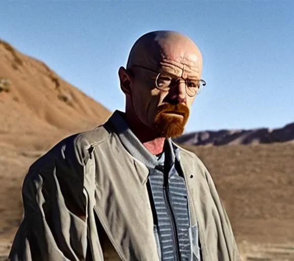 Image similar to walter white rapping with a microphone in the desert, realistic, movie still