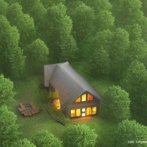 Prompt: cottage in clearing surrounded by trees, it is storming, the windows are lit, concept art, aerial view, low fantasy