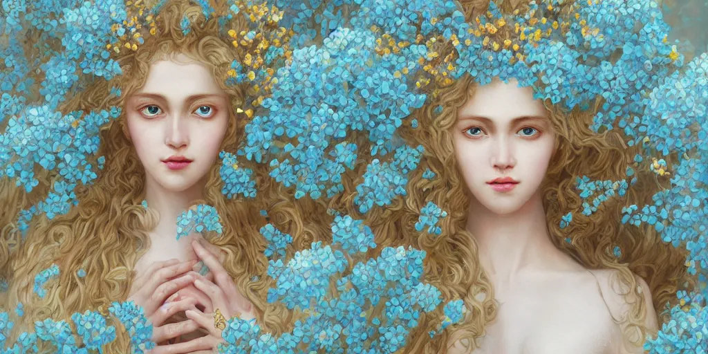 Prompt: breathtaking detailed concept art painting portrait of the hugs goddess of light blue flowers, blond curly hair, orthodox saint, with anxious piercing eyes, ornate background, amalgamation of leaves and flowers, by hsiao - ron cheng, extremely moody lighting, 8 k