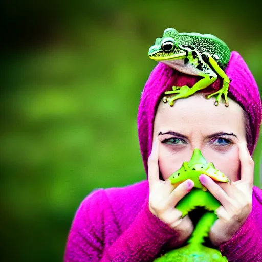 Prompt: Woman with Frogs, sharp focus colorful realistic photograph