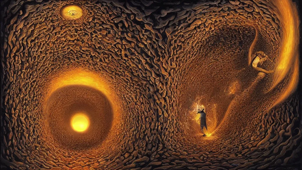 Image similar to the seven circles of hell in the styles of igor morski, jim warren, and rob gonsalves, intricate, volumetric lighting, fiery, imaginative