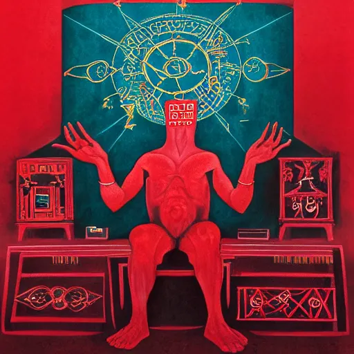 Prompt: a man philosophy schizophrenic is sitting in a red room with infernal symbols and sigils and runes for death and anger 8K height detailed