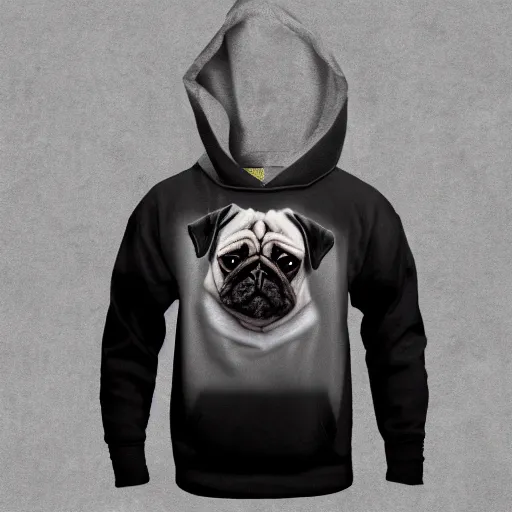 Prompt: a sad pug wearing a hoodie, the word ( sad ) is written on the hoodie in upper case letters, digital art, synthwave style, trending on artstation, matte painting