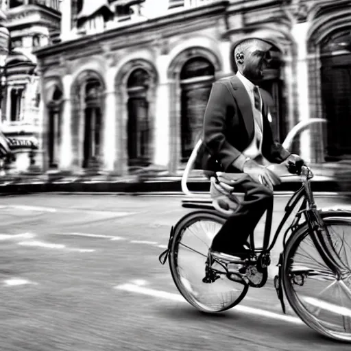 Prompt: a photo realistic image of a monkey in a suit riding a bicycle in the city-n 4