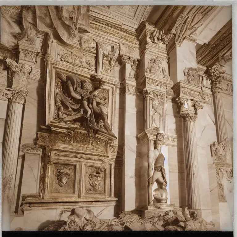 Prompt: polaroid photograph of a man wearing roman emperor clothing in a pristine marble palace with romans, photorealistic, dramatic lighting, intricate details