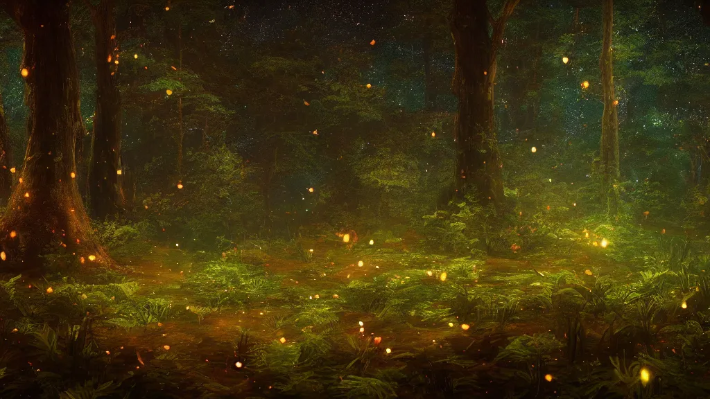 Prompt: beautiful lush ethereal magic mana ireland forest, night sky with dazzling stars, fairies, fireflies, bokeh, octane render, unreal engine, raytracing, crystallized, intricate, hyper detailed, light rays