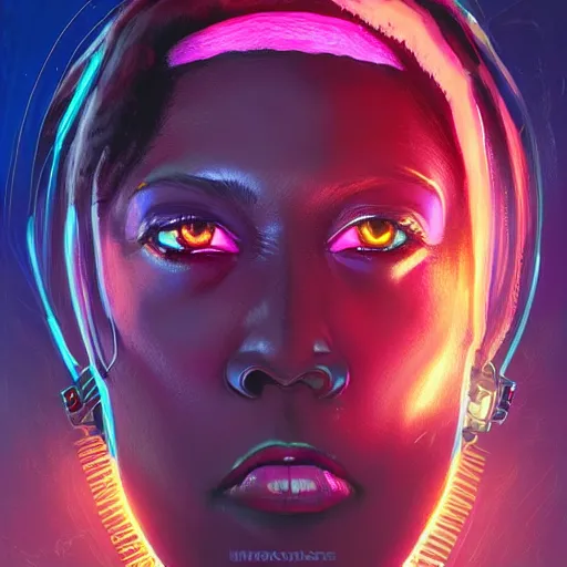 Image similar to african neon necromancer, science fiction, highly detailed, digital painting, beautiful eyes, symmetry, concept art, sharp focus, illustration, global illumination, radiant light, synthwave colors, detailed and intricate environment, art by artgerm and greg rutkowski and magali villeneuve and ilya kuvshinov!