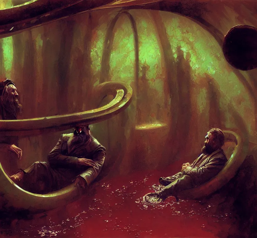 Prompt: a bearded prophet inside a dark slimy water slide tube, the walls are made of red meat, the floor is flooded, by craig mullins, ilya repin