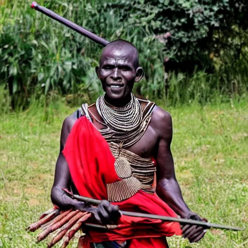 Prompt: a masai warrior with an ironing board for a shield