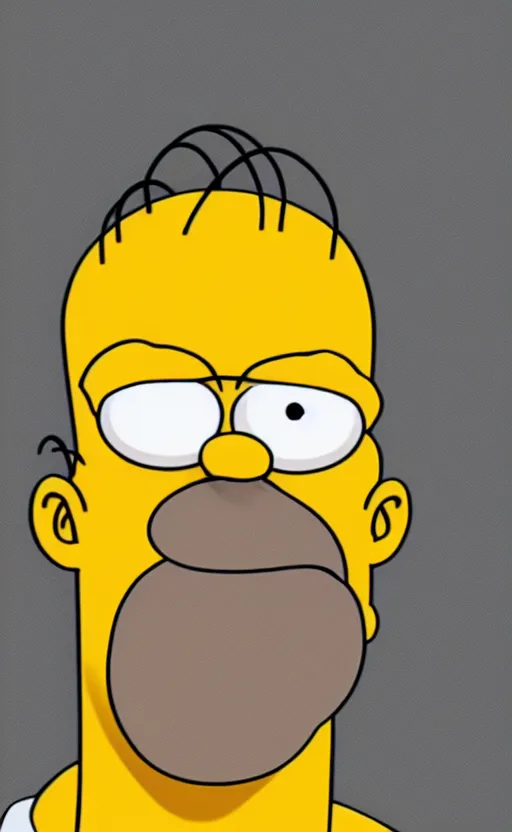 Image similar to 3D-Render of Homer Simpson in real life, hyperrealism, details, greasy face, big nose, big cartoon eyes, big lips, yellow skin, double chin, stubble, receding hairline, white shirt, close up, portrait, realism, Unreal Engine 5, 8K, photo, super-detailed, high quality, high resolution, 4K, HDR, ray tracing,