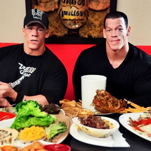 Image similar to obese john cena and michael jackson eating mukbang