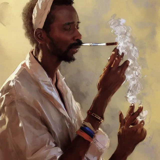 Prompt: an ethiopian male as a doctor smoking a cigarette, surrounded by beautiful women, portrait, elegant, intricate, digital painting, artstation, concept art, smooth, sharp focus, illustration, art by konstantin korovin and daniel f. gerhartz and john howe