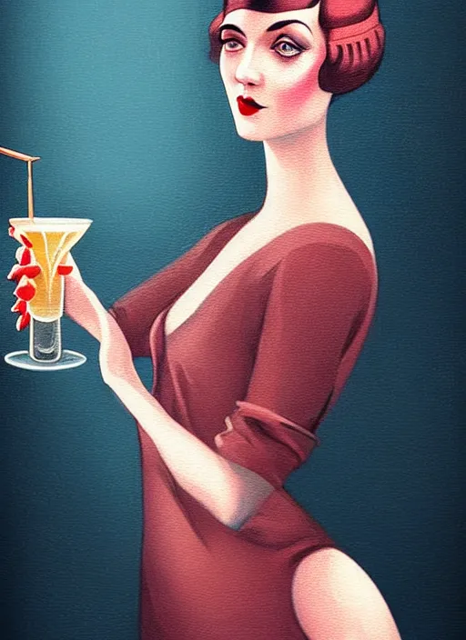 Prompt: a young sophisticated drinking woman, cozy dimly-lit 1920s speakeasy bar, drinking at the bar, dystopian retro 1920s soviet vibe, relaxed pose, pixie cut, wild, highly detailed, digital painting, artstation, sharp focus, illustration, detailed painterly digital art style by Anna Dittmann, vibrant deep colors, 🍸, 8k octane beautifully detailed render, post-processing, extremely hyperdetailed, epic composition, grim yet sparkling atmosphere, cinematic lighting + masterpiece, Art Nouveau