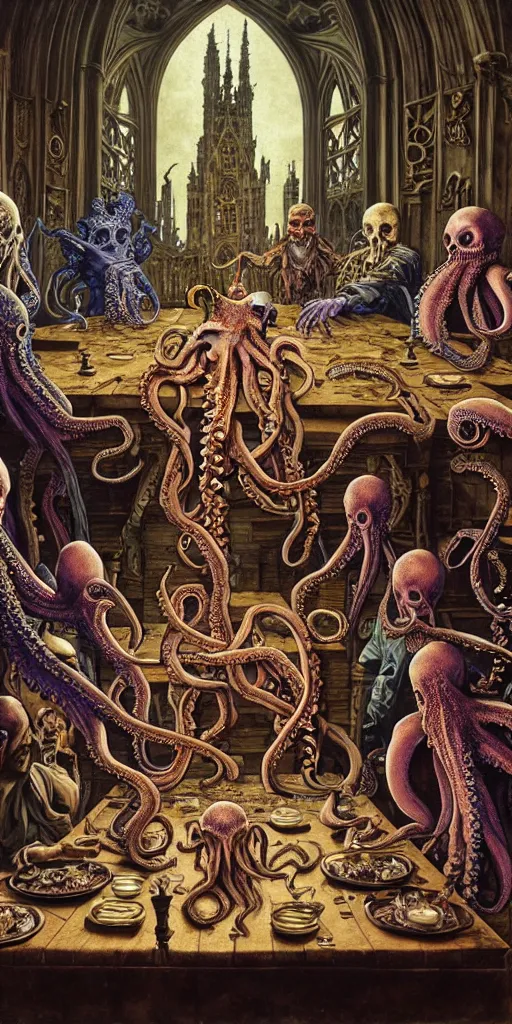 Image similar to group of mages with human bodies and octopus heads sitting near the table with magical artifacts in an ancient mage castle with enormous scale, gothic and baroque, brutalist architecture, ultradetailed, Intricate by John Howe and Josan Gonzalez and James Jean and Giuseppe Arcimboldo