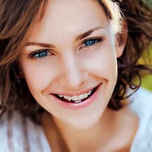 Prompt: hyper realistic picture of an austrian beautiful woman with green eyes smiling at the camera, highly detailed, natural sunlight, few backlighting