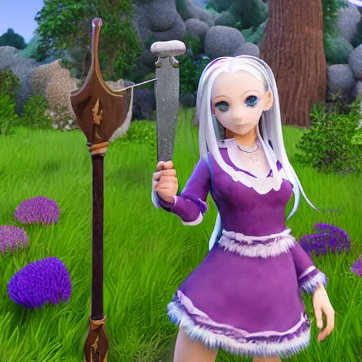 Prompt: 3d female character model, Rune Factory 5, long platinum hair, purple eyes, hand painted textures on model, holding a shepards crook, fantasy, Nintendo Switch, colorful, Little Bo Peep, Spring, fluffy sheep in the background next to her, forest, ue4, midday