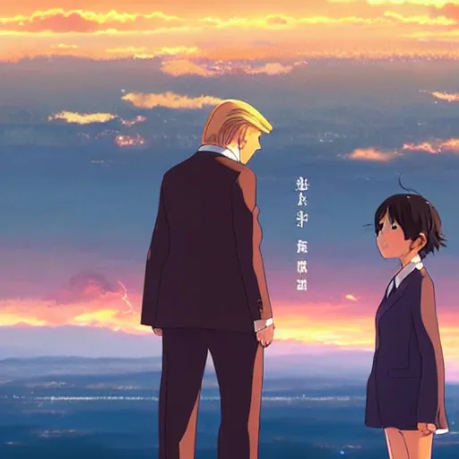 Image similar to Animation of Donald Trump in Kimi No Na Wa, Your Name, Matoko Shinkai, beautiful, anime, colorful, animation, CoMix Wave Films