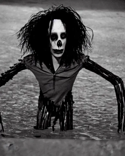 Image similar to a cursed image of edward scissorhands in a dark, closed swimming pool, really scary, looking this way.