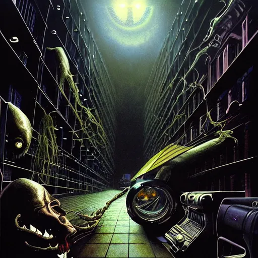 Image similar to illustration for a sci - fi contemporary horror novel called'eye - full of teeth ', a high quality high detail painting by david mattingly and alan lee and john zeleznik and dave mckean and richard corben, hd 4 k 8 k, realistic hyperdetailed scene painting, photorealistic lighting, modern supernatural urban horror aesthetic.